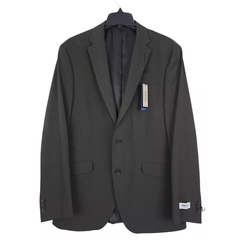 Kenneth Cole Reaction Mens Slim Fit Suit Jacket Blazer 38S Dark Grey Olive Solid
